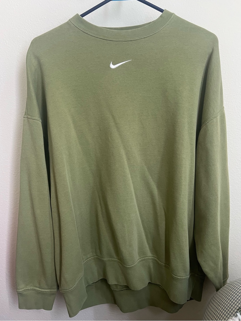 Nike Women’s Olive Green Oversized Crewneck Sweatshirt with White Swoosh